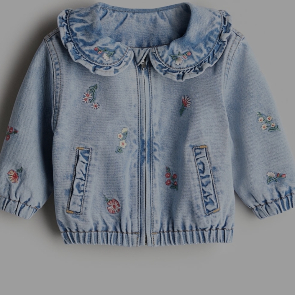 H&M Kids Light Blue Denim Jacket with Embroidered Flowers